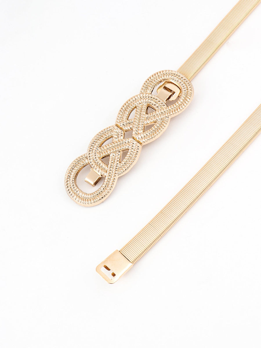 Gold elastic belt with intertwined knot detail and metal clasp.