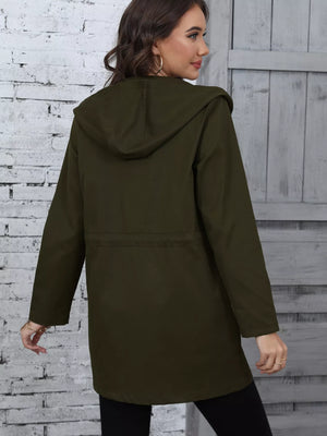 Army green hooded drawstring casual jacket with cinched waist detail.