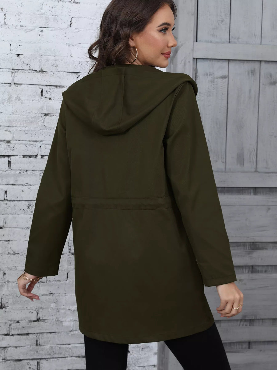 Army green hooded drawstring casual jacket with cinched waist detail.