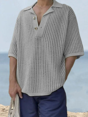 Gray open-knit polo shirt with pointed collar and short sleeves.