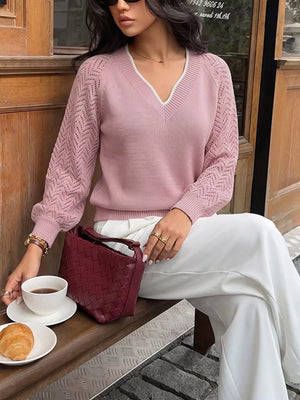 V-neck Openwork Long Sleeve Sweater