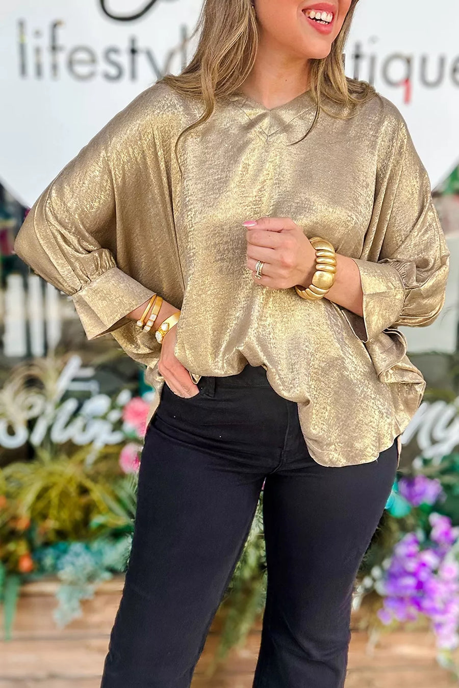 Gold with Metallic V Neck Button Cuffed Dolman Blouse