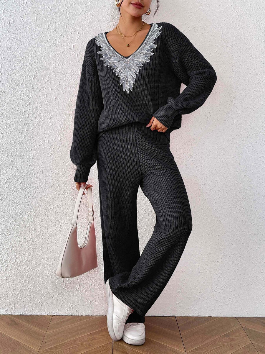 camel relaxed sweater set with v-neck