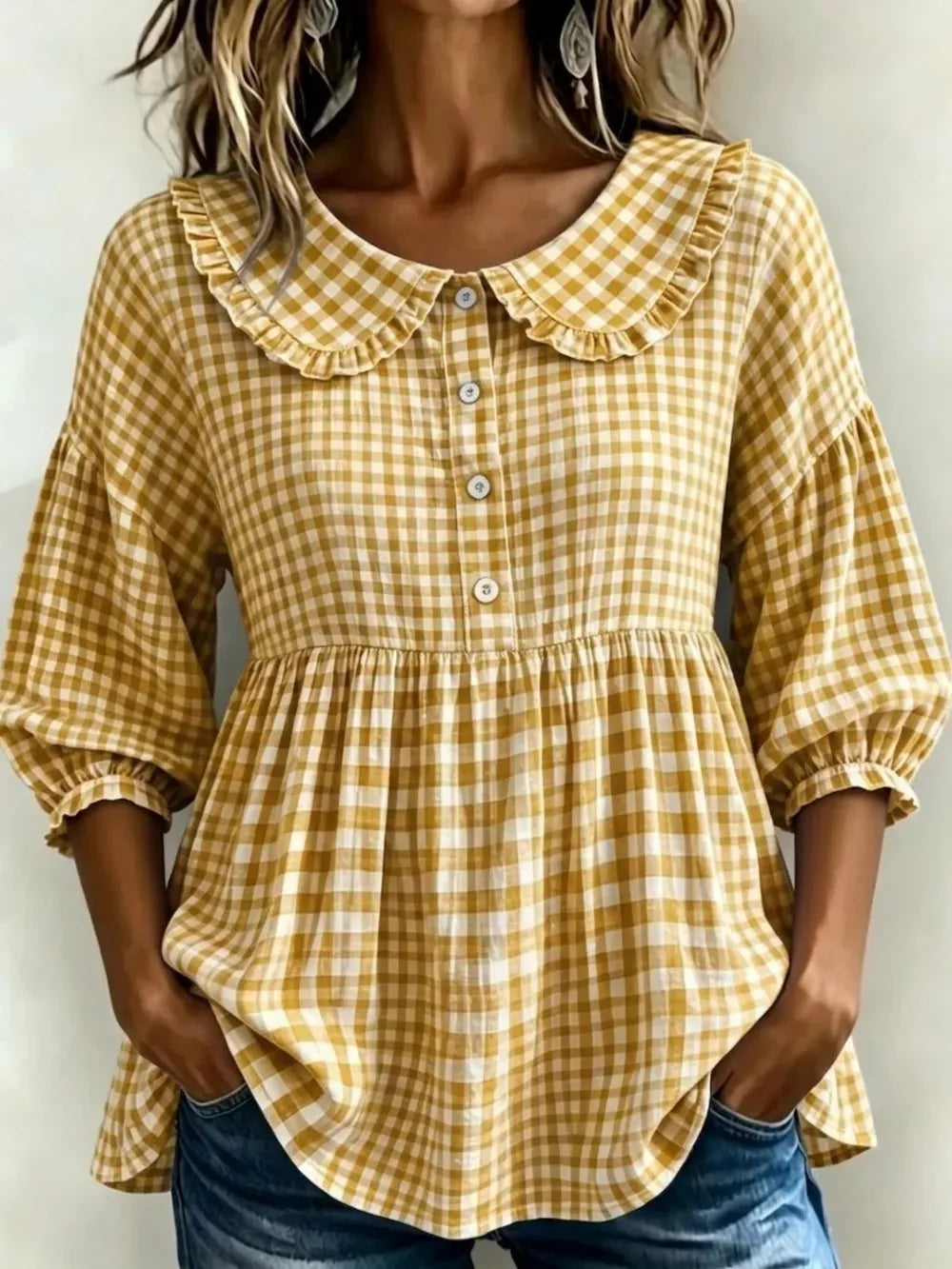 Pink Full Size Gingham Peter Pan Collar Blouse Plus Size