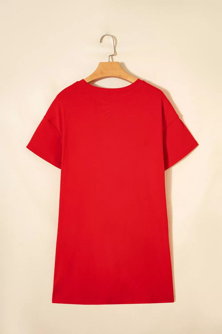 Red cotton mini dress with short sleeves and crew neck.