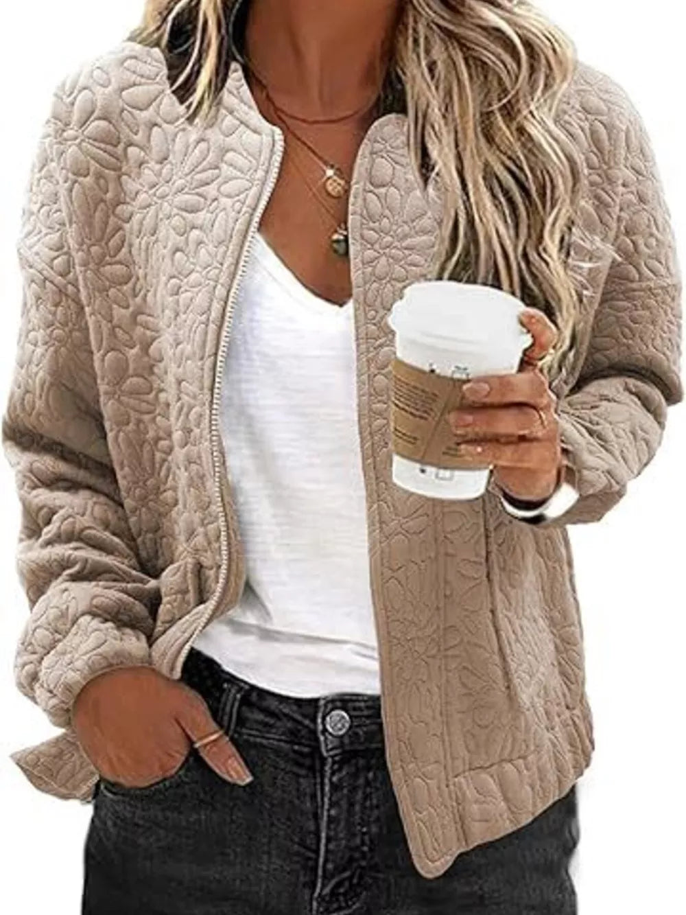 quilted jacket featuring floral in White with 100% polyester Care instructions: Machine wash cold texture