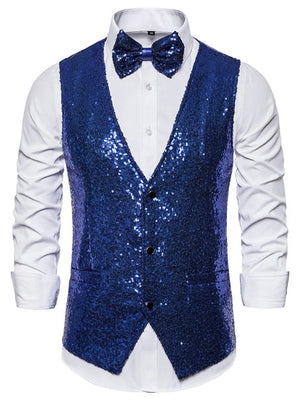 Blue sequin men's vest with double-breasted closure and matching bow tie.
