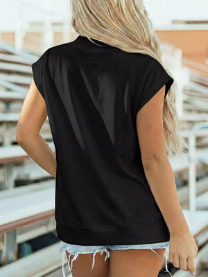 Black mock neck cap sleeve maternity t-shirt with a casual, comfortable fit.