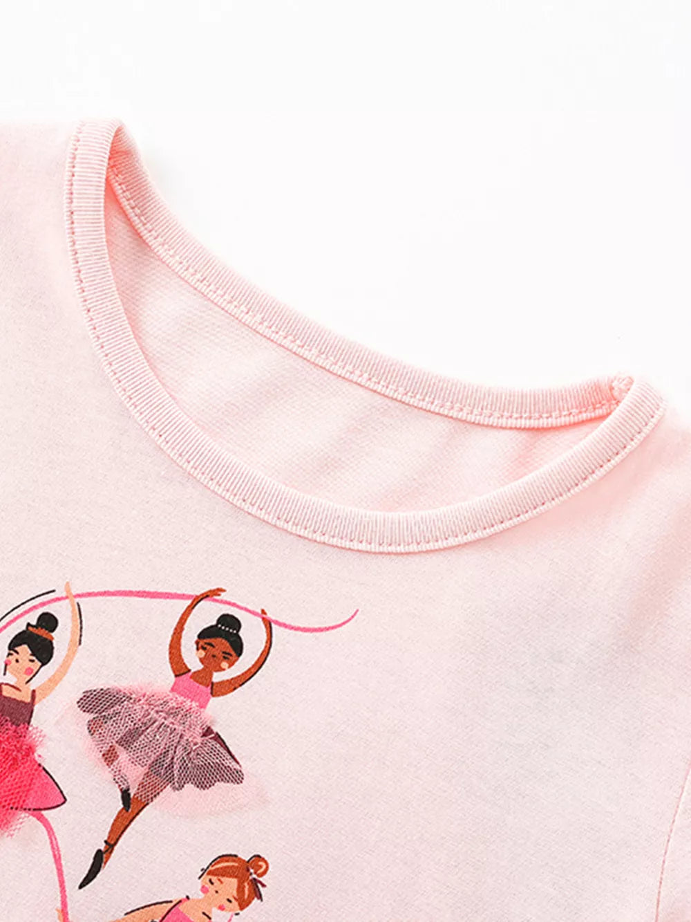 Pink cotton toddler dress with ballet dancer print and tulle skirt detail.
