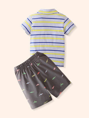 Baby boys' striped polo shirt and dinosaur print shorts set.