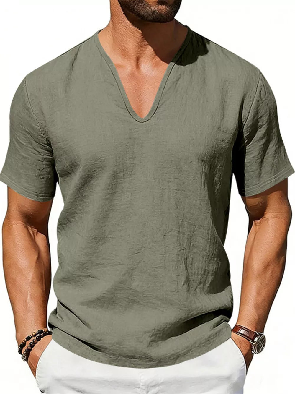 Men's Army Green V-neck Linen Tee with short sleeves and a relaxed fit.