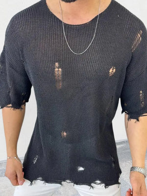 Black open-knit destroyed crewneck tee with distressed details and raw hem.