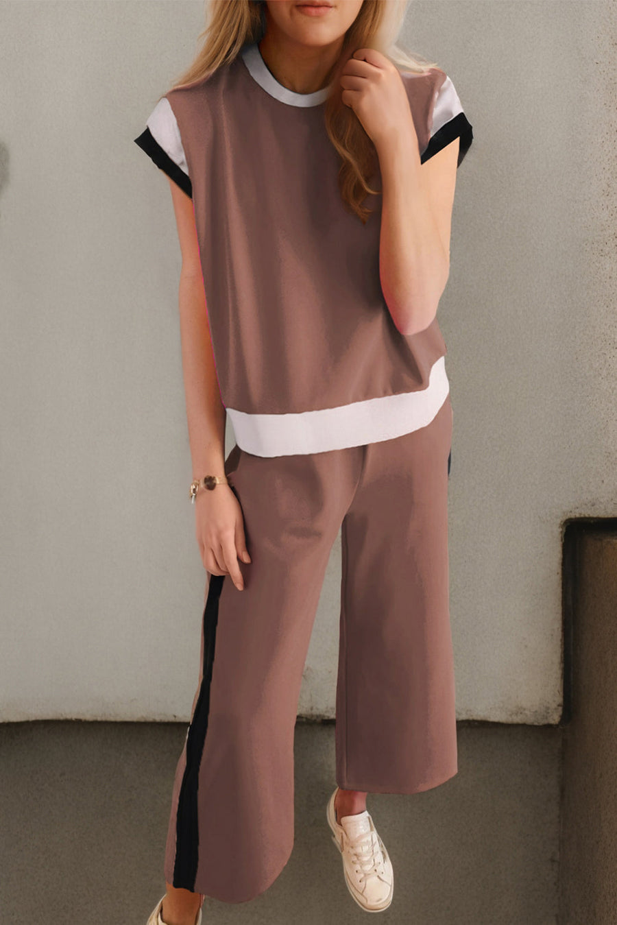 Colorblock sportswear set with contrast trim in Hot Pink and Black.