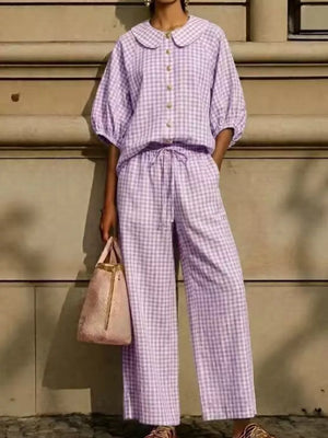 Full Size Plaid Button Up Shirt And Pants Set Plus Size in Red