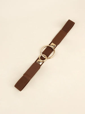 Chocolate elastic belt with interlocked gold rings and faux leather accents