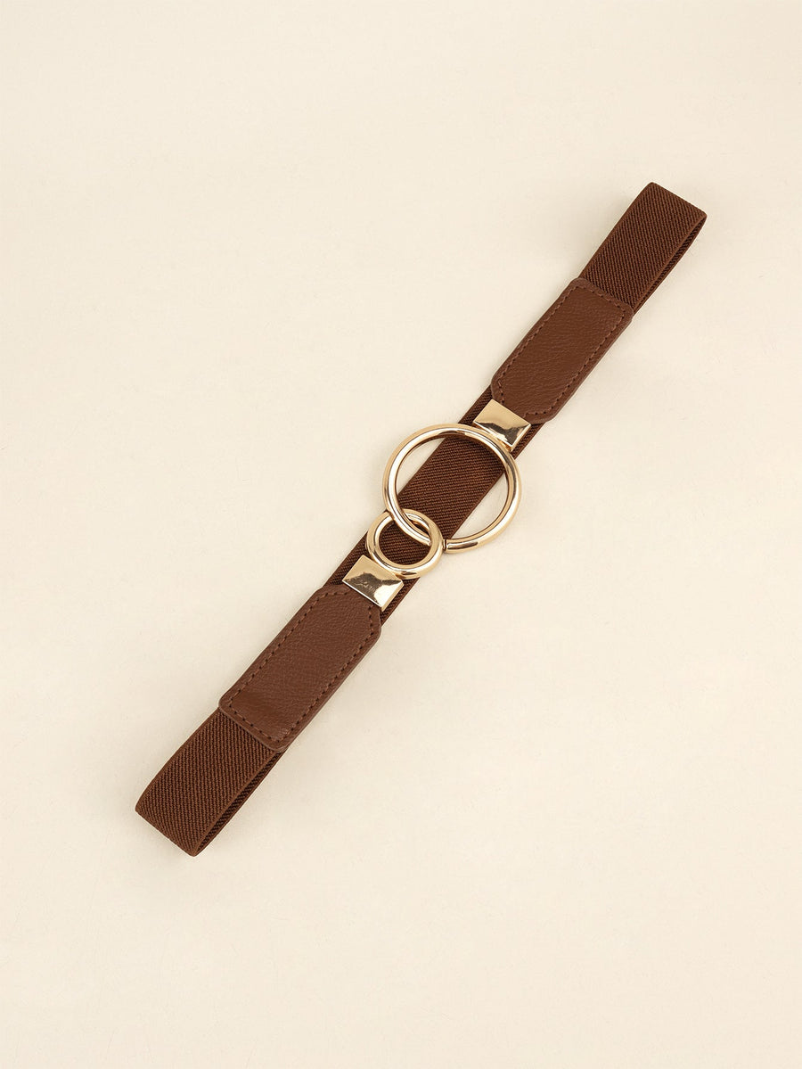 Chocolate elastic belt with interlocked gold rings and faux leather accents
