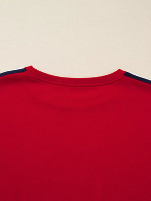 Deep Red sweatshirt with varsity stripe detail on the shoulders.