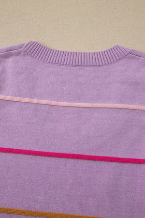 Lavender knit sweater vest with horizontal pink and orange stripes.