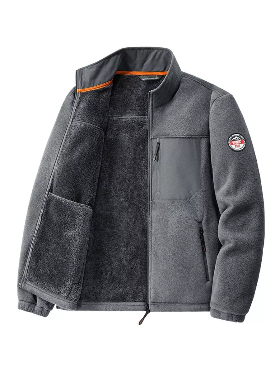 Men's gray fleece jacket with sherpa lining, zip pockets and chest pocket.
