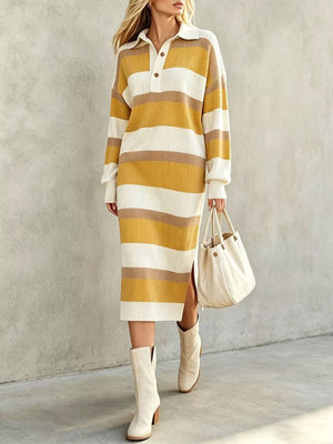 sweater dress in Green with striped and buttoned