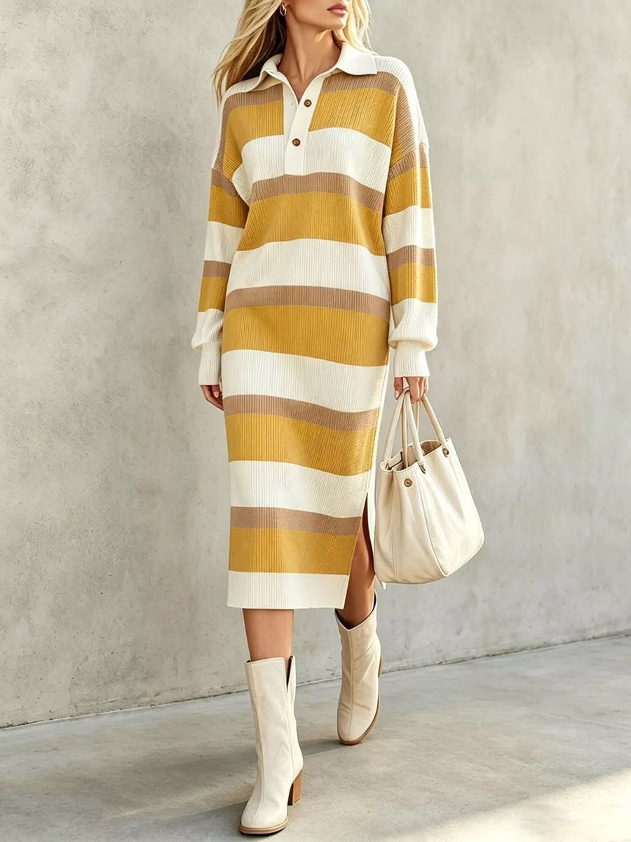 sweater dress in Green with striped and buttoned