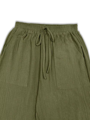 Loose Fit Gauze Drawstring Pants in Moss with drawstring waist