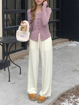 Ribbed Square Neck Long Sleeve Crop Top in Khaki
