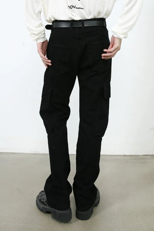 Black denim utility trousers with cargo pockets and a relaxed fit.
