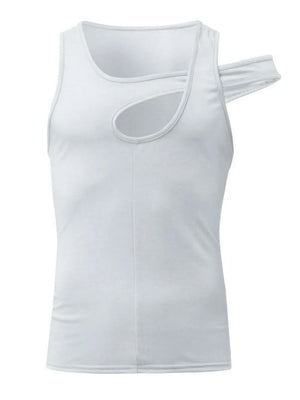 White asymmetric cutout tank top with sculpted shoulder detail