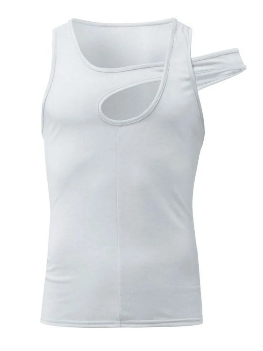 White asymmetric cutout tank top with sculpted shoulder detail