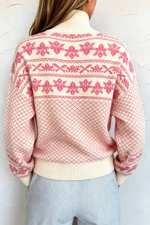 hot pink pullover sweater featuring buttoned and fair isle