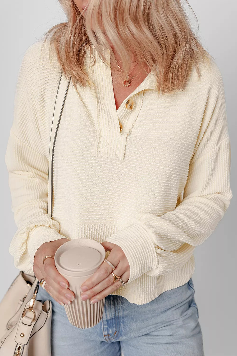 Ivory Corded Texture Lantern Sleeve Henley Sweatsuit