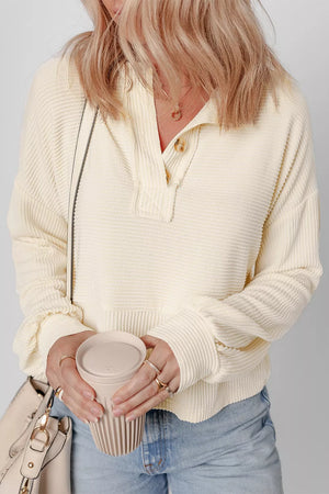 Ivory Corded Texture Lantern Sleeve Henley Sweatsuit