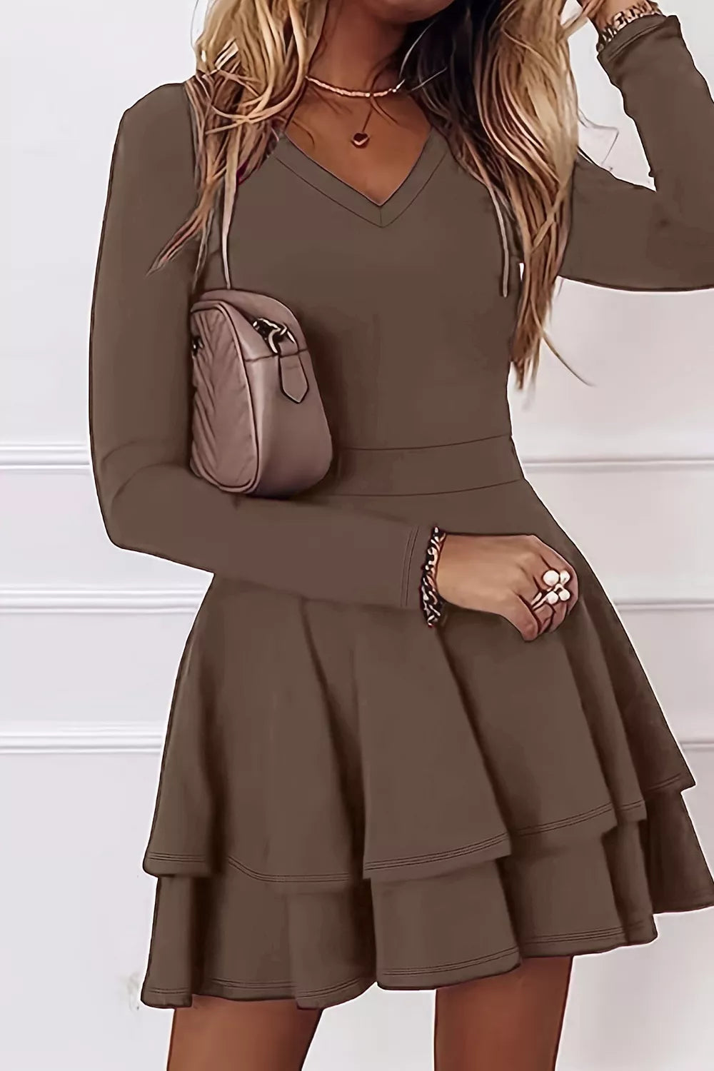 Coffee Brown Layered Long Sleeve V-neck Mini Dress