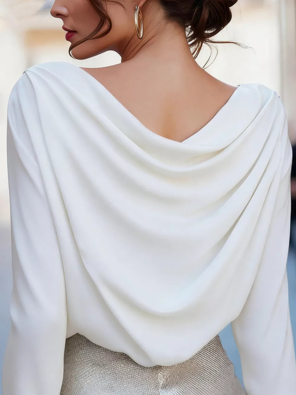 White long sleeve shirt with elegant cowl neck detail