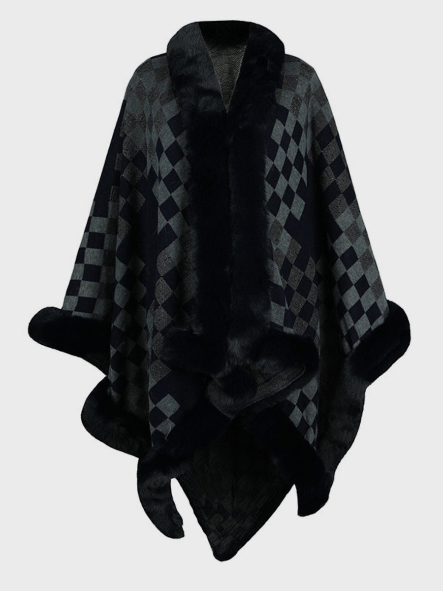 Checkered cape in dark navy and grey acrylic with faux fur trim and collar.