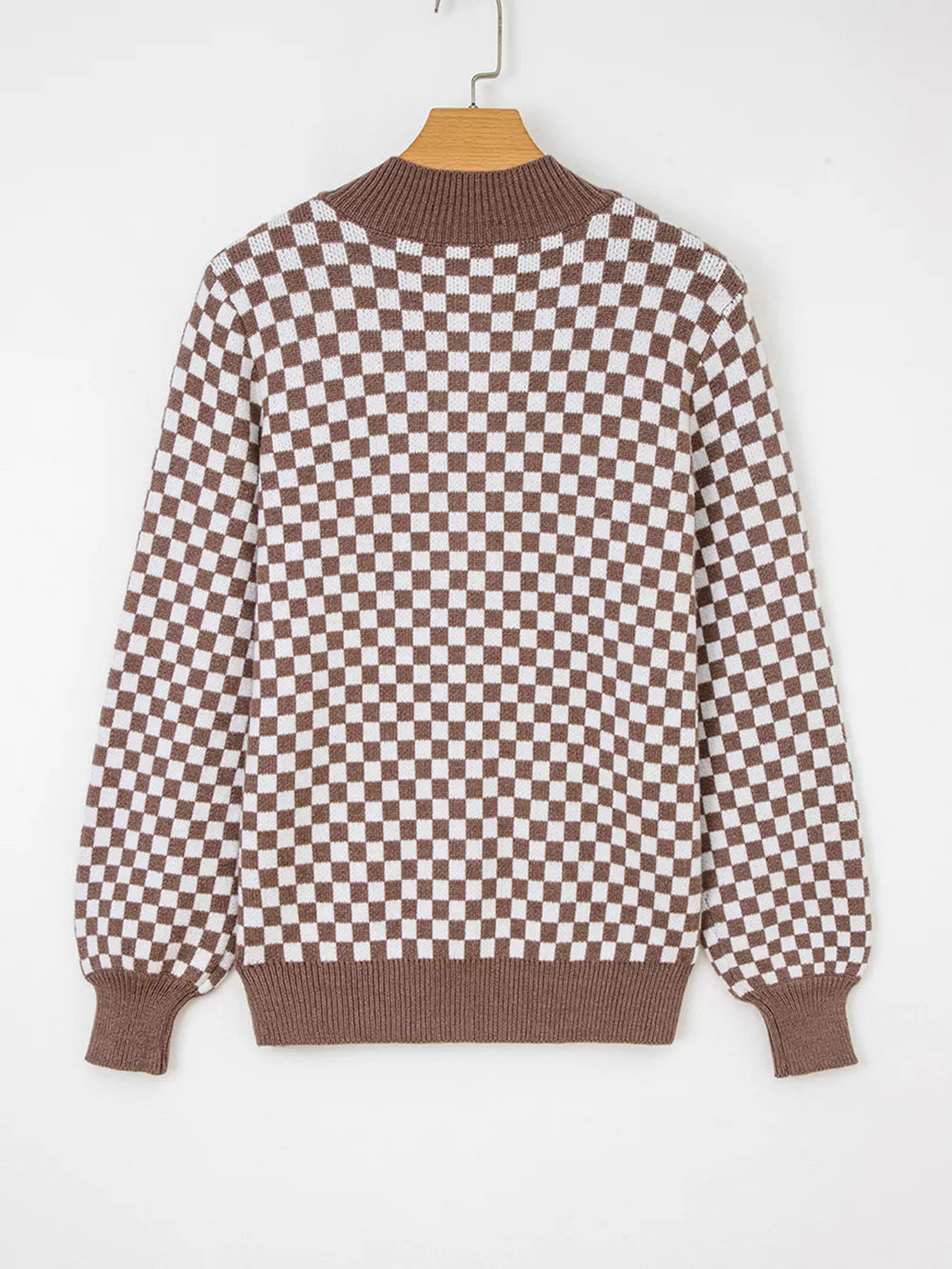 brown pullover sweater with ribbed trim and long sleeve
