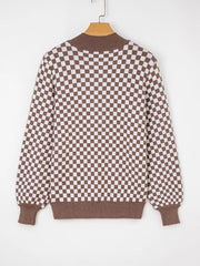 brown pullover sweater with ribbed trim and long sleeve