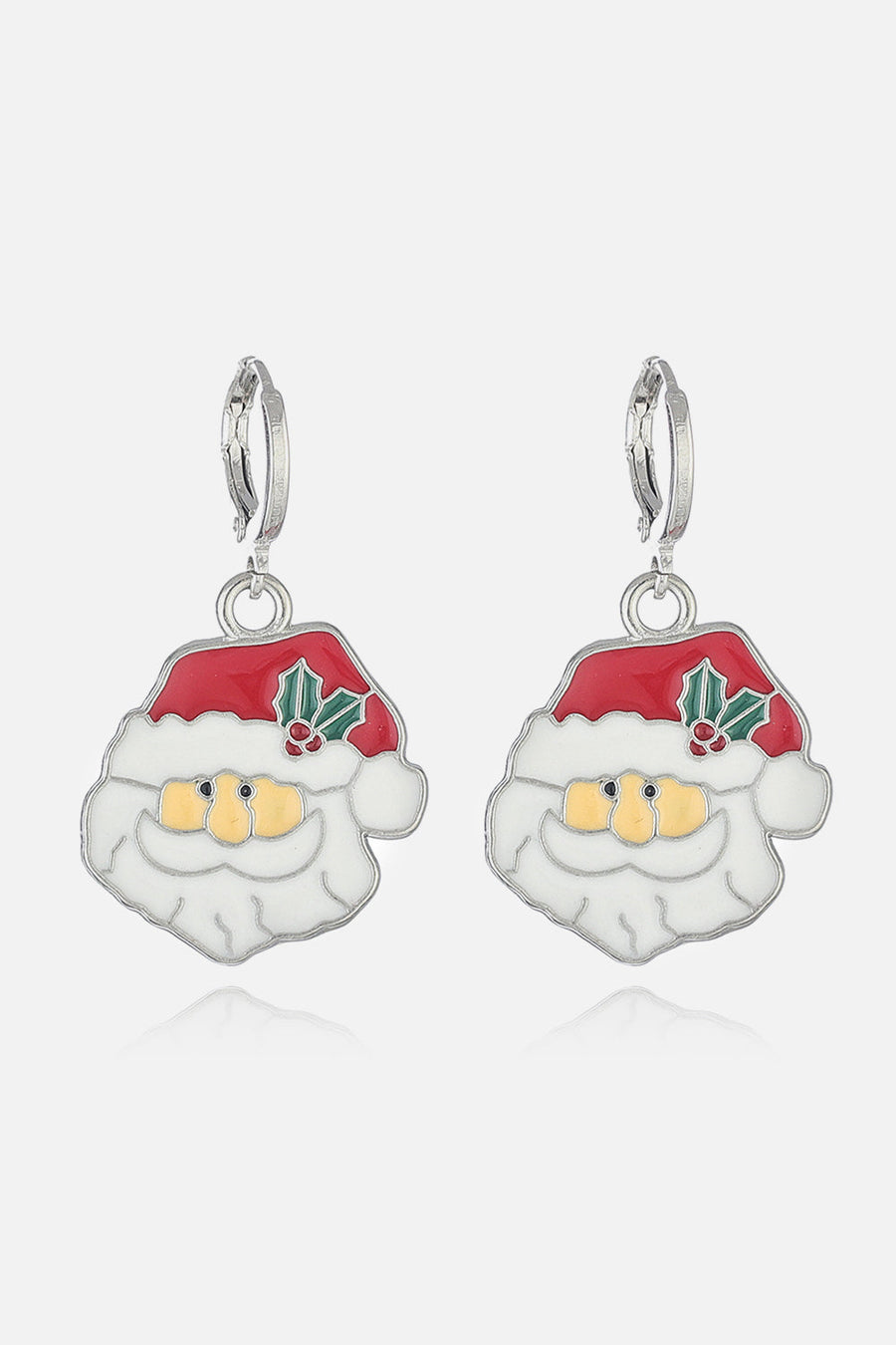 Festive Santa charm hoop earrings with red hats and holly accents.