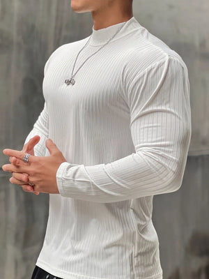 White ribbed mock neck muscle fit long sleeve shirt with vertical texture.