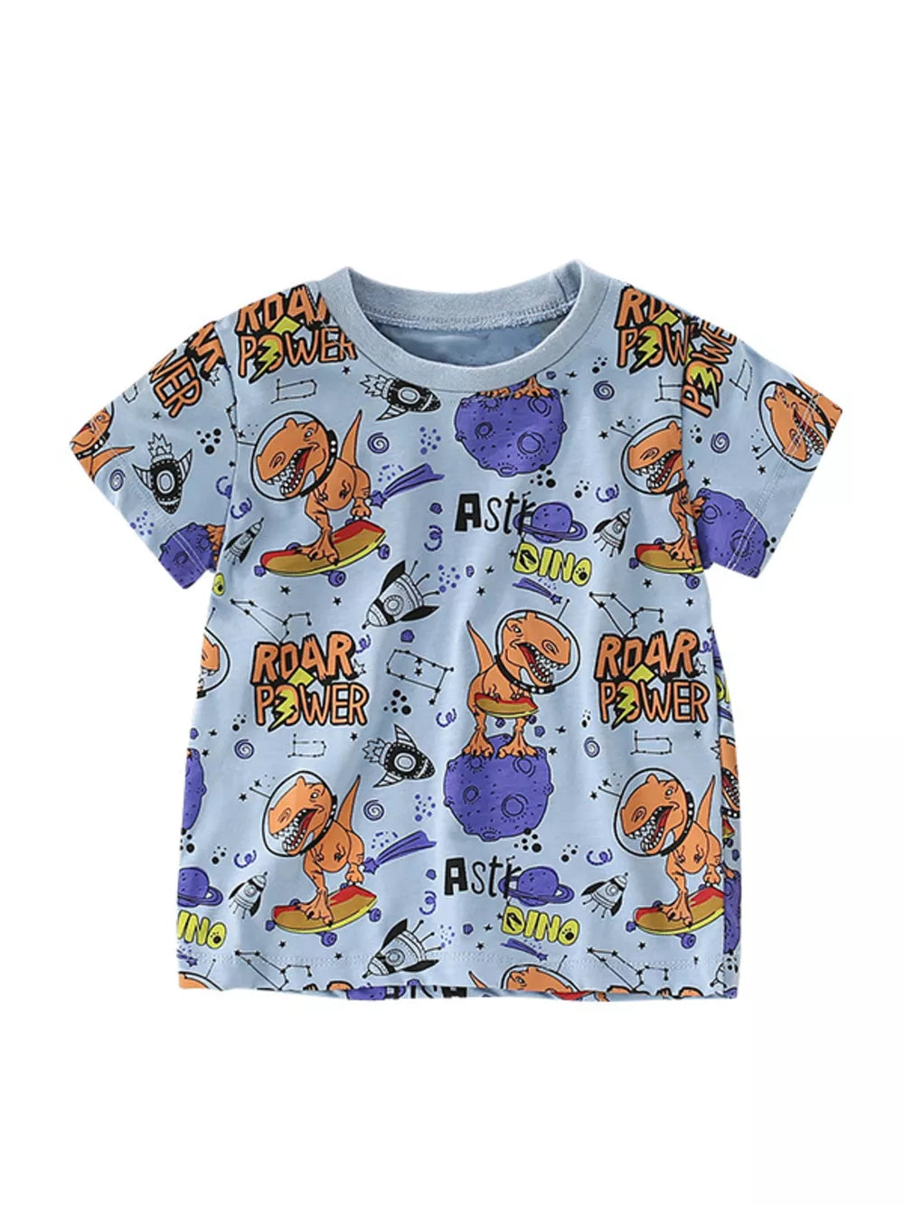 Kids light blue graphic t-shirt with dinosaurs, rockets, and space motifs.