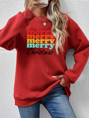 Deep Red crewneck sweatshirt with stacked retro "Merry Christmas" graphic.