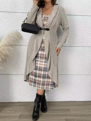 tan midi dress featuring ribbed knit cardigan and plaid