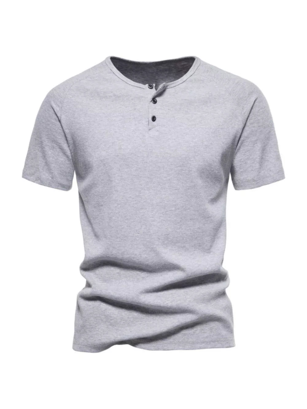 Men's light gray cotton casual henley t-shirt with button detail