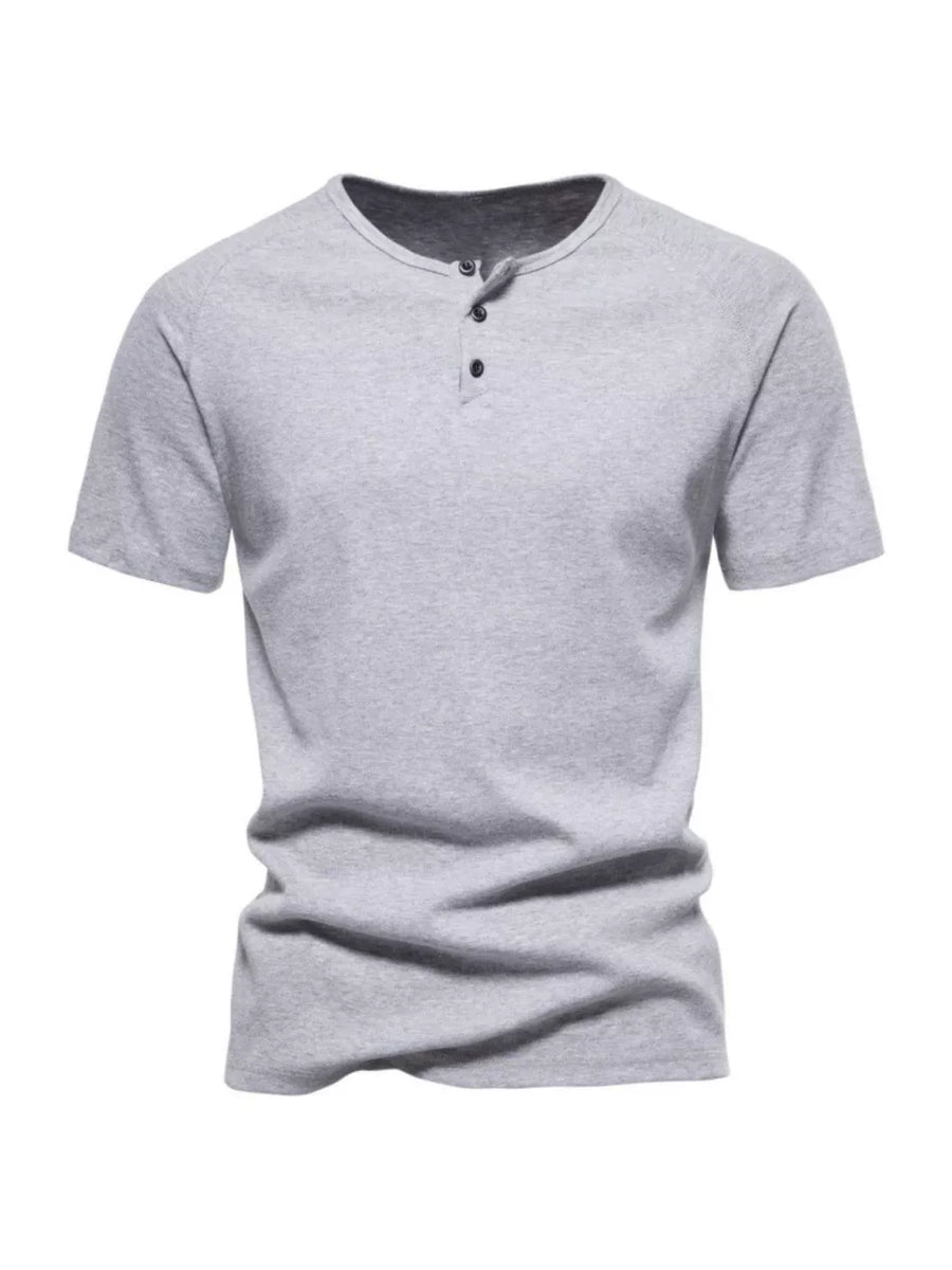 Men's light gray cotton casual henley t-shirt with button detail