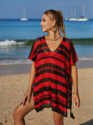 Red and black striped crochet beach cover-up with V-neck and short sleeves, featuring tassels.