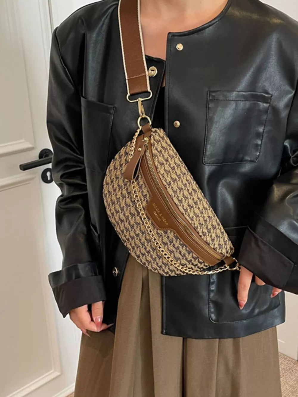 Houndstooth mini crossbody bag with chain strap and brown leather trim