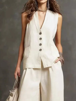 Yellow Sleeveless Buttoned Vest And Wide-leg Pants Set