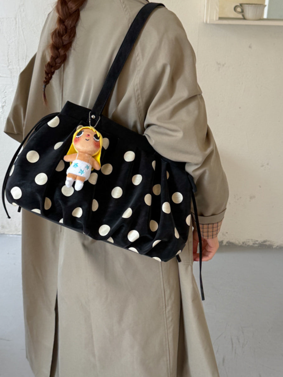 black PU Leather Imported Size &amp shoulder bag with polka dot and drawstring