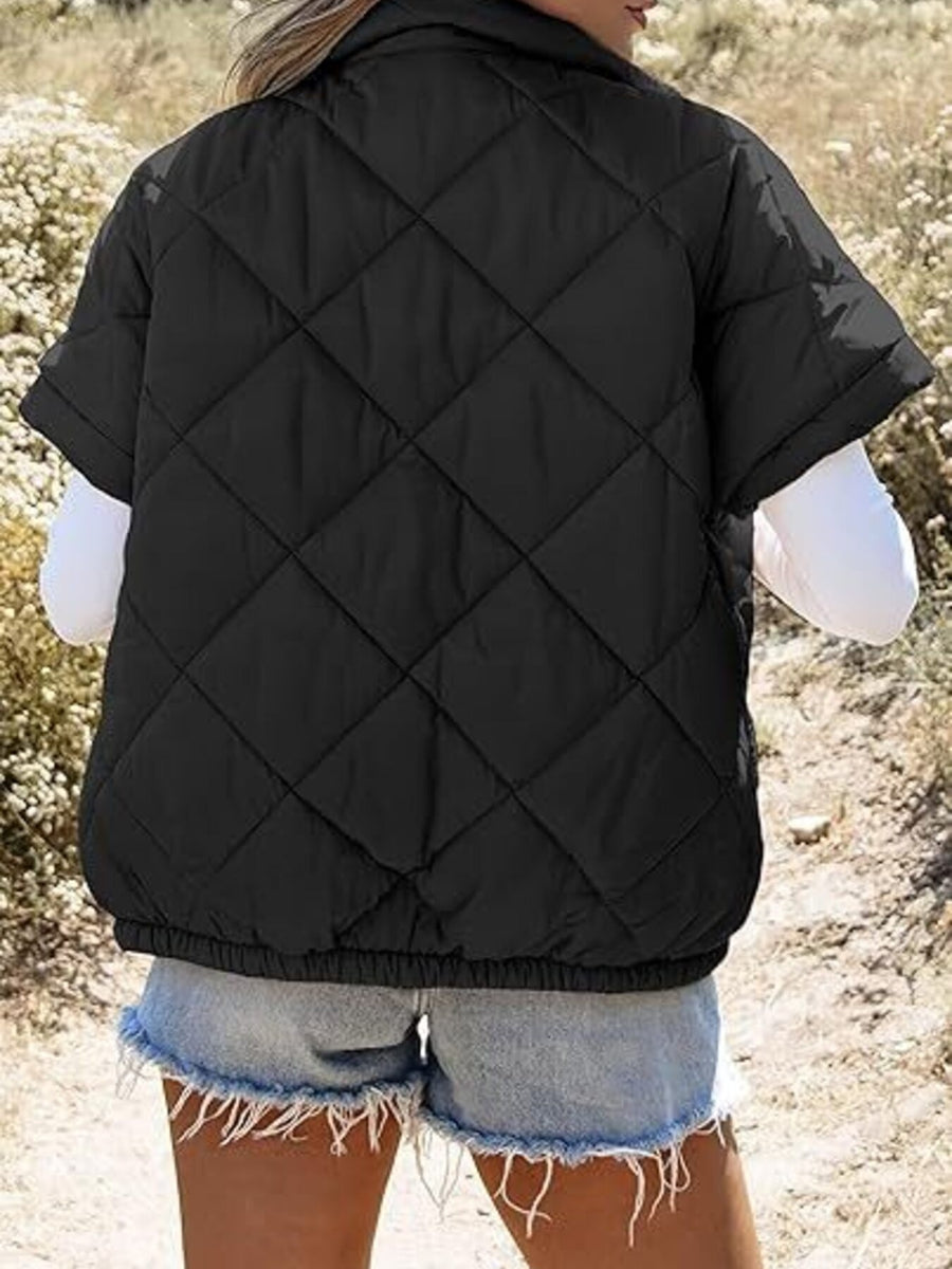 Quilted Zip Up Short Sleeve Winter Coat in light gray with pocketed